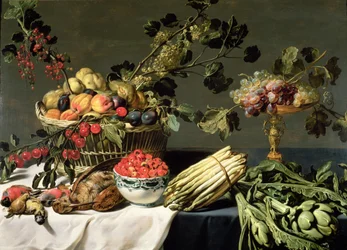 Stillleben mit Obst in einem Weidenkorb